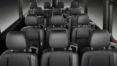 Storm Rider Sprinter cabin: forward-facing leather seats for ten